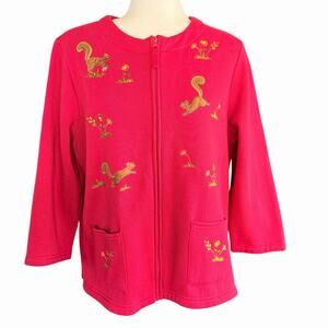 Vtg Embroidered Squirrel Sweatshirt Cardigan Womens Petite L Red Grannycore